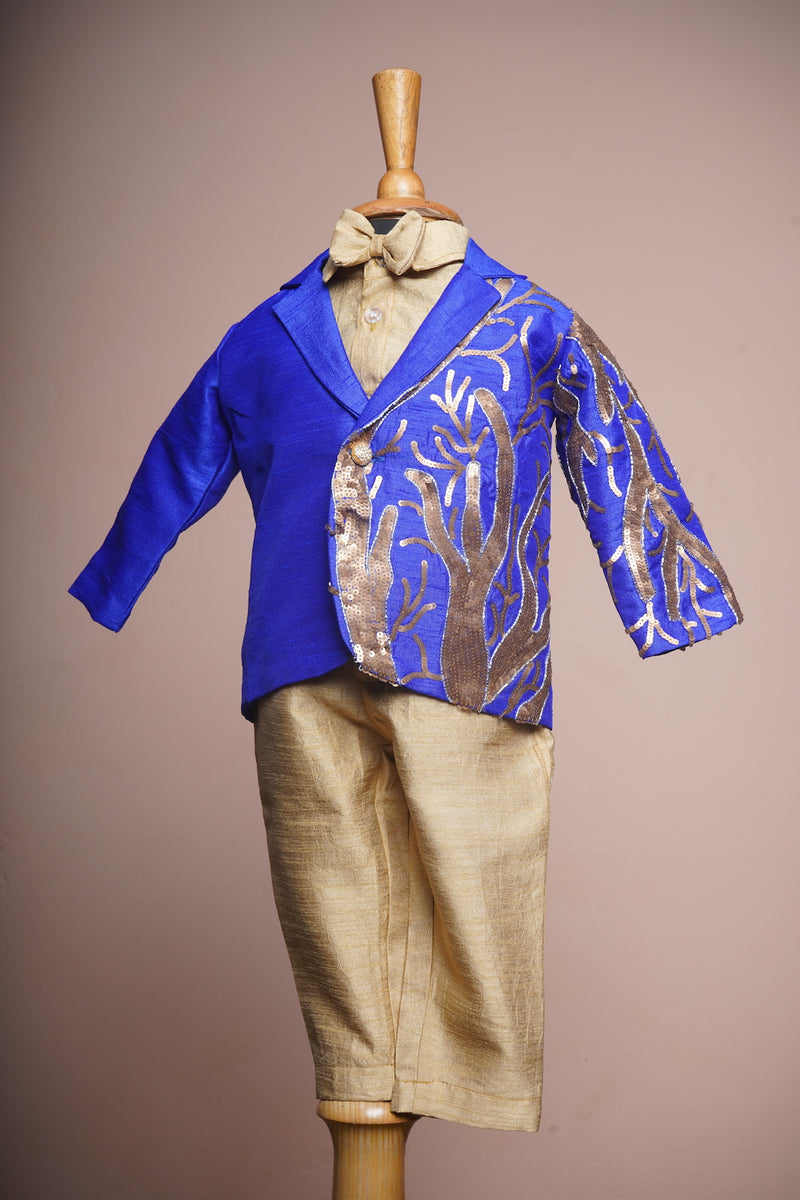 Cobalt Blue and Gold Rawsilk with Special Embroidery work in Boy Kid Birthday Suits