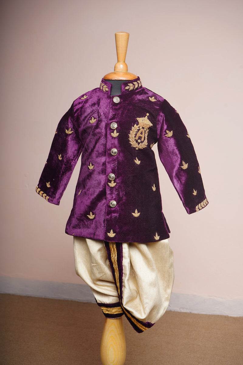 Purple Velvet and Gold Rawsilk with Special Embroidery work in Boy Kid Birthday Wear