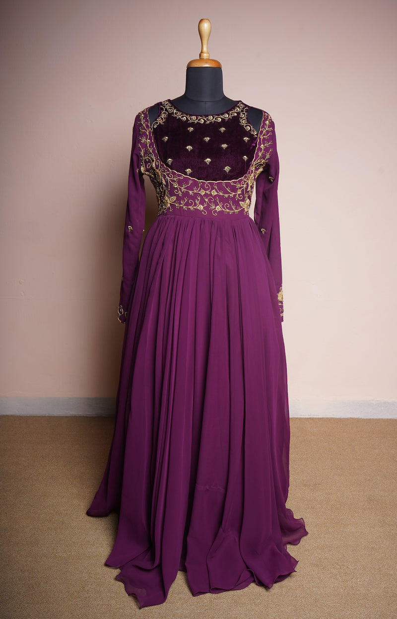 Purple Velvet and Plain Georgette with Special Embroidery work in Womens Reception Wear