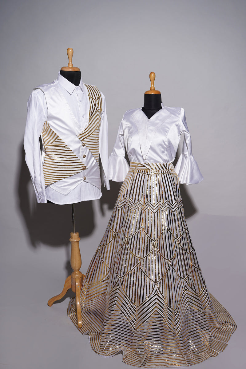 White Satin and Gold Stripes in Kali Fabric in Couple Clothing
