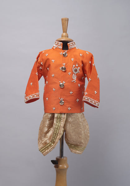 Orange with Gold Aari Worked  Birthday Boy Kid Dress