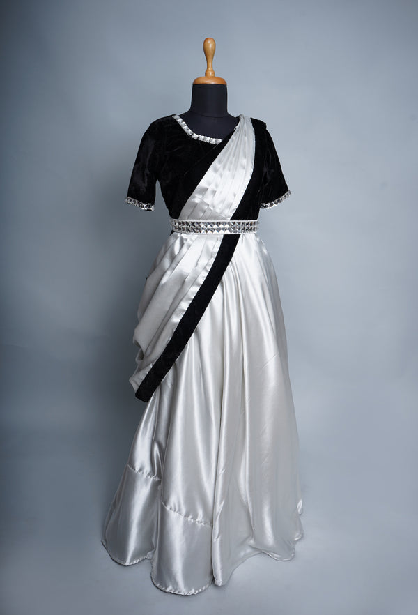 Black Velvet and Silver Satin with White Stone Belt Womens Reception Wear
