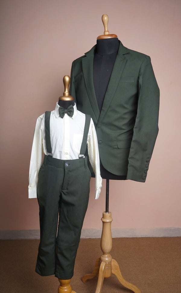 Bottle Green Suiting Fabric and White Cotton Dad and Son Combo