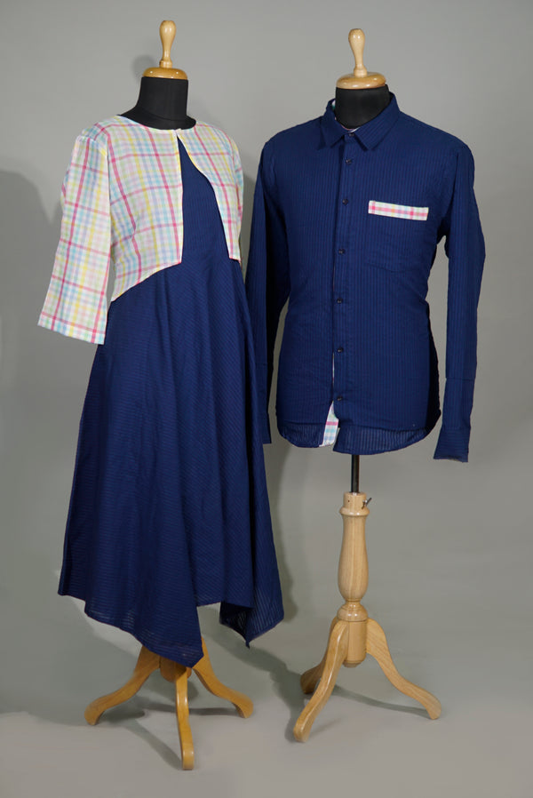 Blue-Multi Color Checked Combo Matching Set