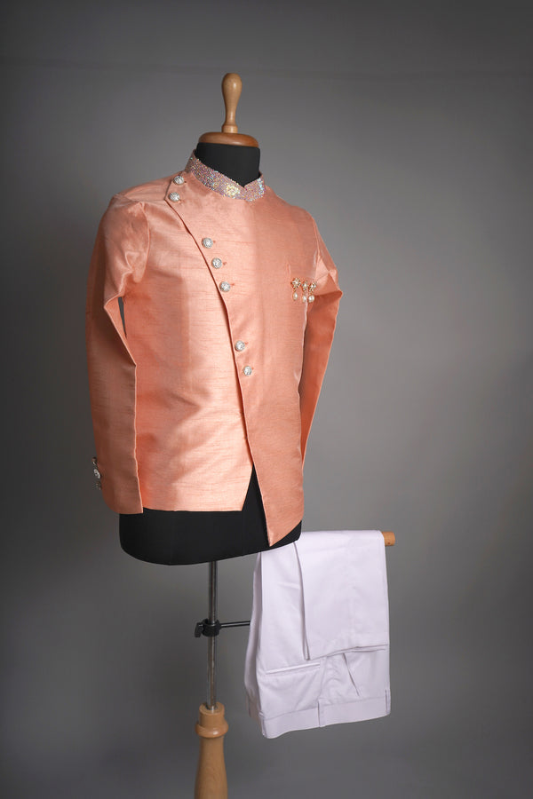 Peach Rawsilk and White Suiting fabric with Multi Colour Stone worked Mens Reception Wear