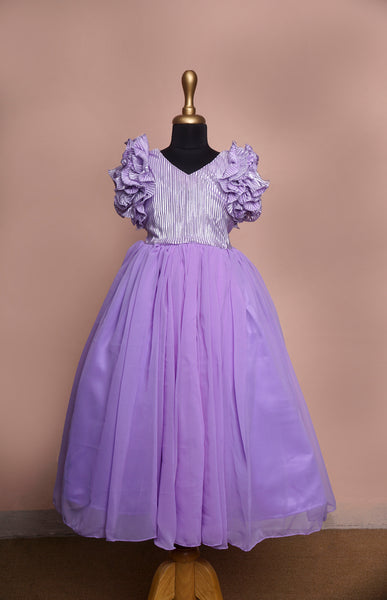 Lavender Foil Pleated and Plain Georgette Girl kid Dress