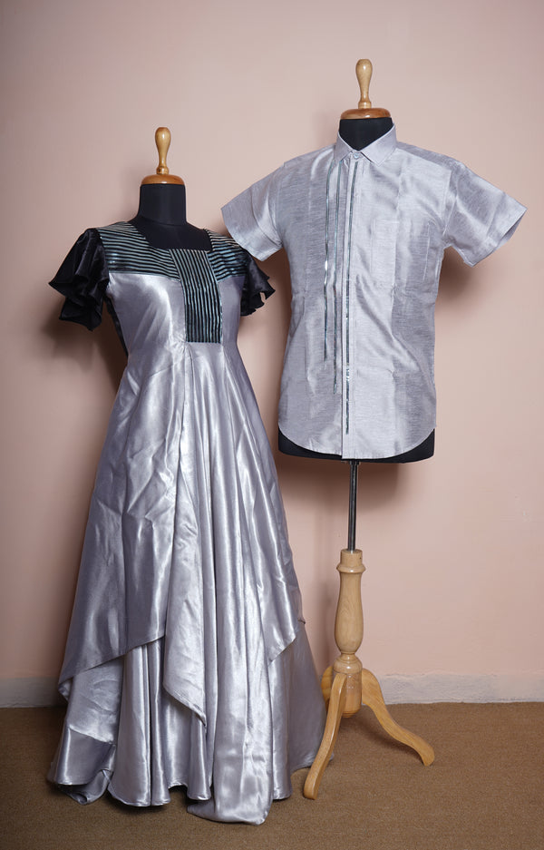 Silver Satin and Rawsilk with Metal Stripes Work in Couple Clothing