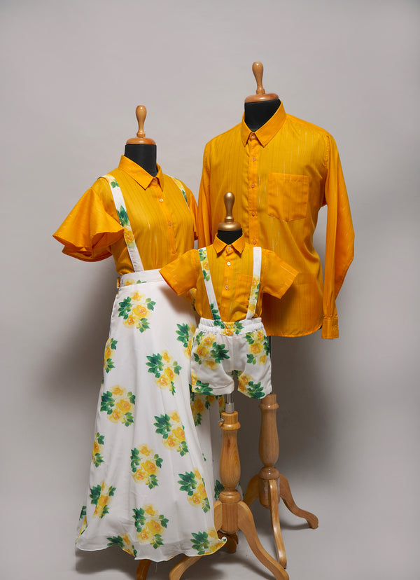 Yellow lurex and White Printed Family Clothing