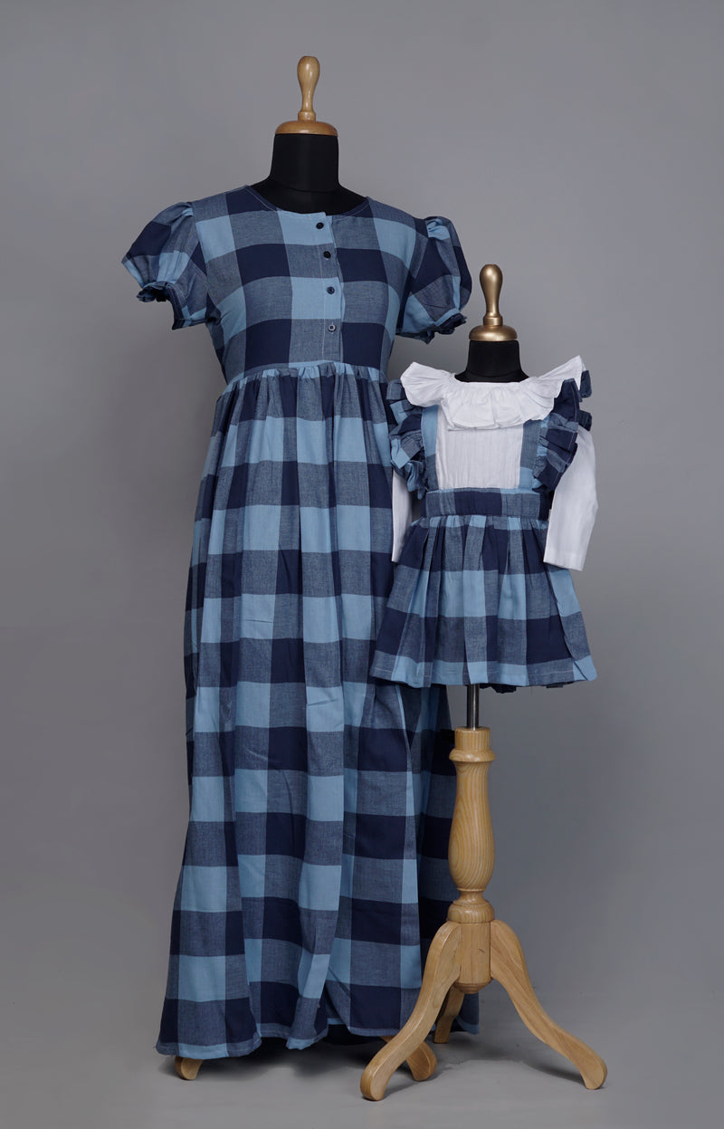 Blue Checked Mom and Daughter Combo Matching Set
