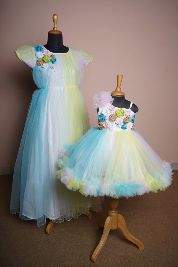 Unicorn theme Mom and Daughter Combo Dress with Hand Made Flower Works
