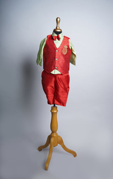 Red and Lite Green Rawsilk with Speacial Embroidery work in Kid Birthday Dress