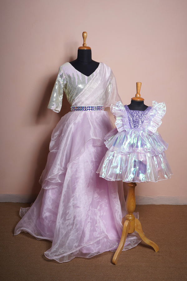 Light Pink Organza and Dual Colour Sequin with White Stone Belt Mom and Girl Kid Combo