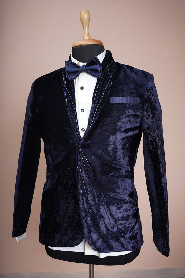 Navy Blue Velvet and White Cotton Shirt with Special Embroidery work in Mens Reception Suit