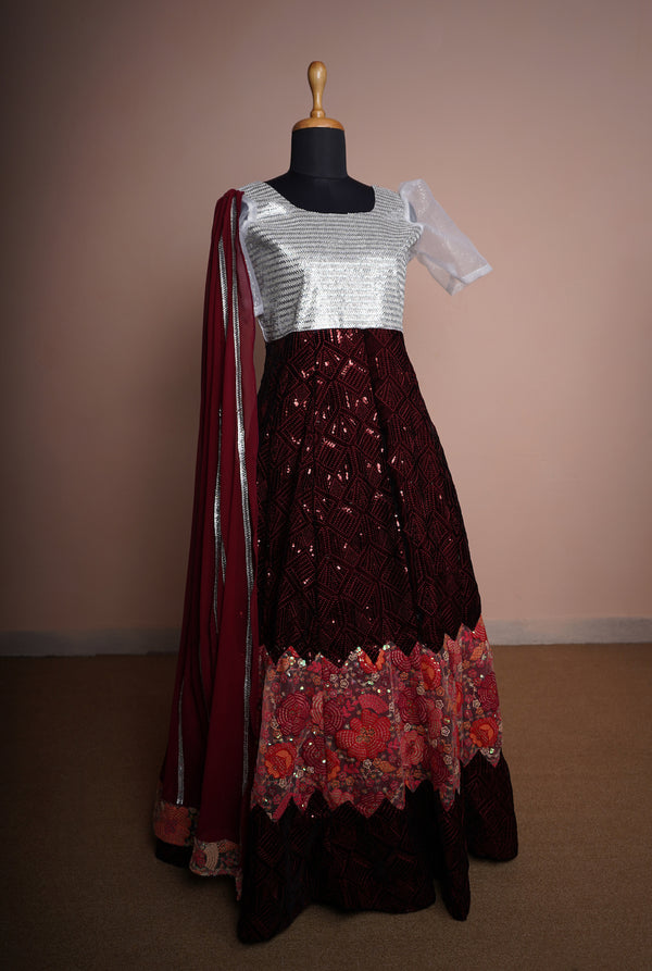 Maroon Sequin Embroidered Velvet and Kali and Tissue with Special Stone work in Womens Reception Wear