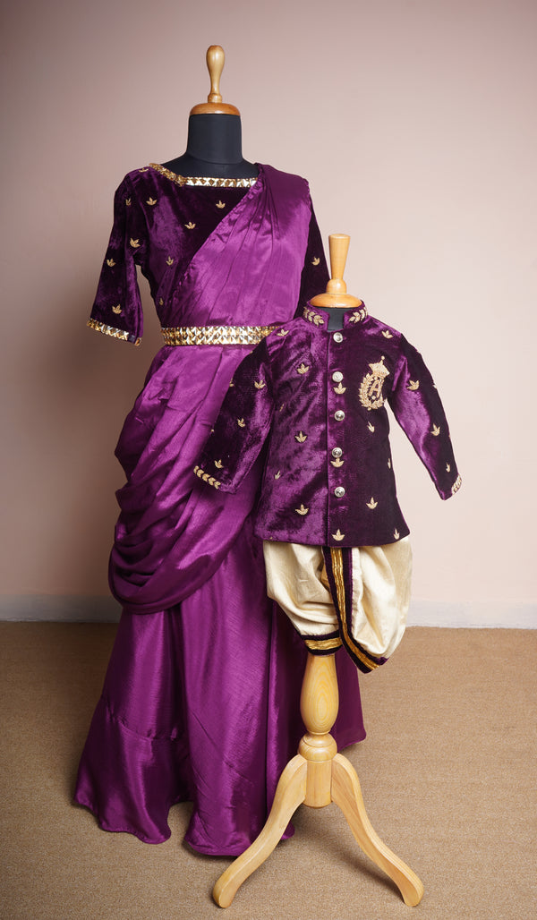 Purple Velvet and Chinon and Speacial Embroidery work with Gold Stone Belt in Mom and Son Combo