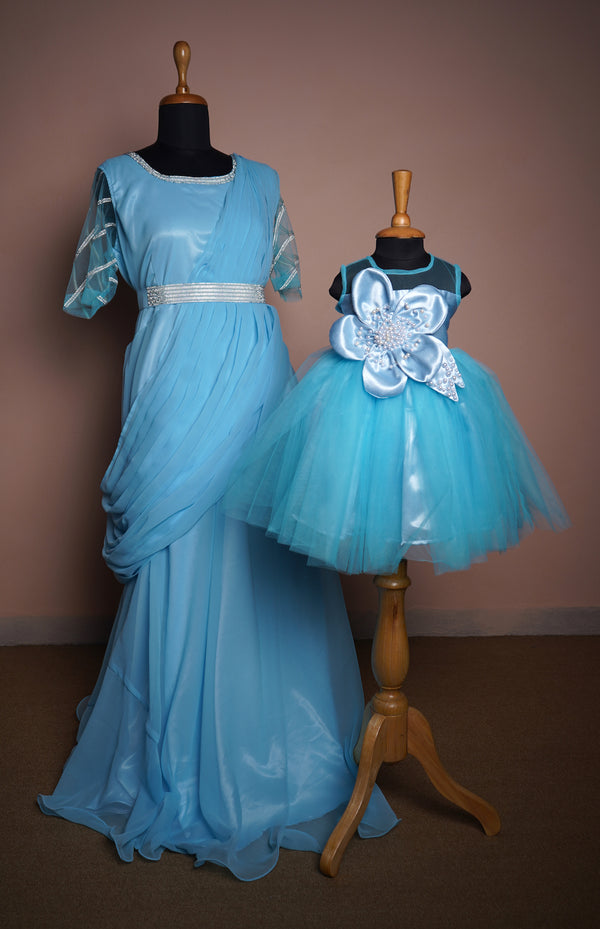 Sky Blue Satin and Plain net and Georgette with Special Stone work and Pearl work in Mom and Daughter Combo