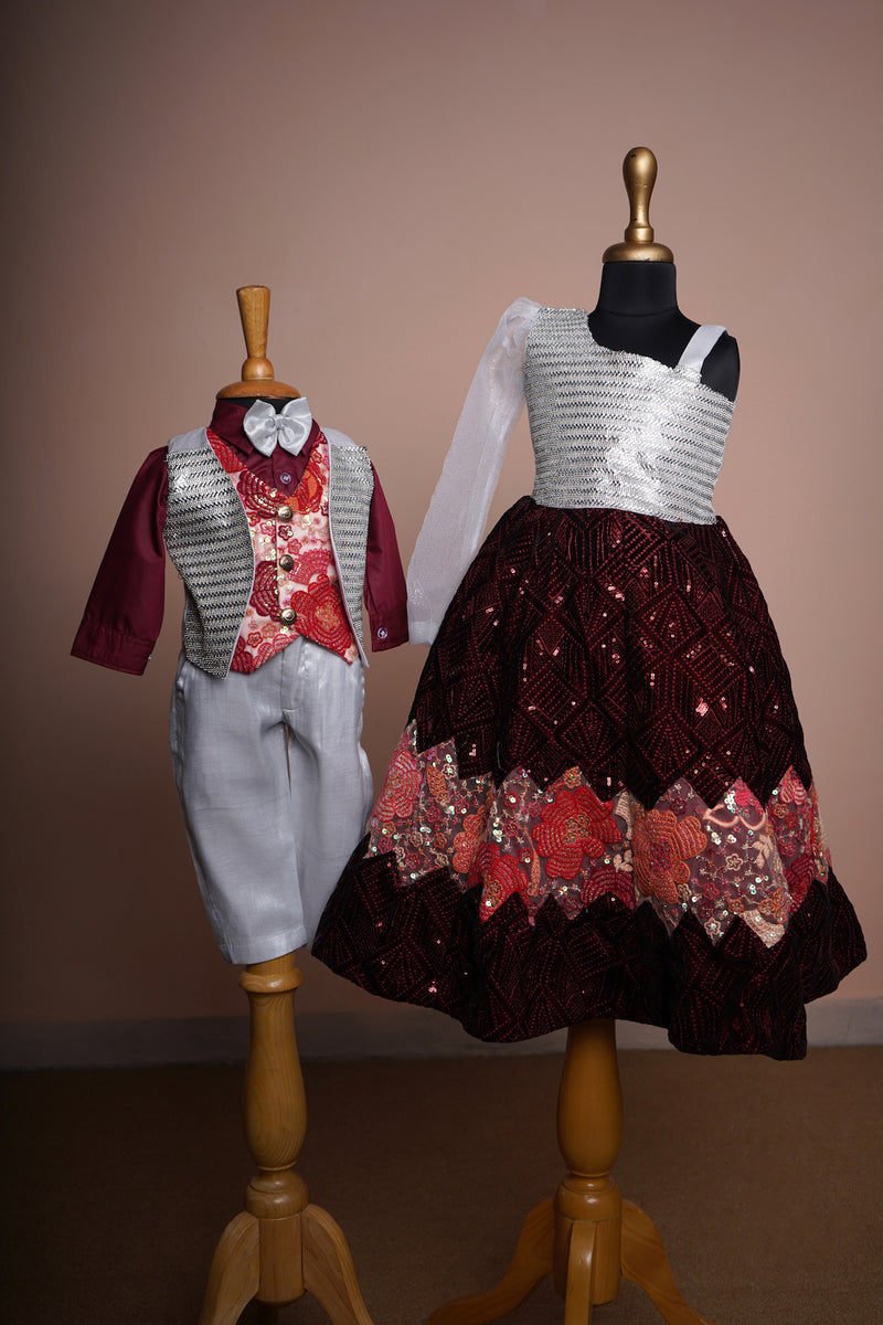 Maroon Sequin Embroiderded Velvet and Embroidered Kali with Special Stone work in Siblings Combo