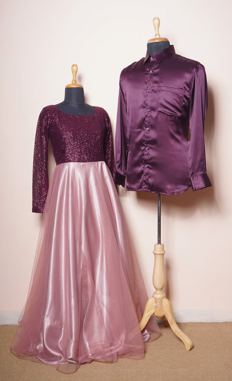 Purple Satin Shirt and Plain Sequin and Rosegold net Women Dress Couple Clothing
