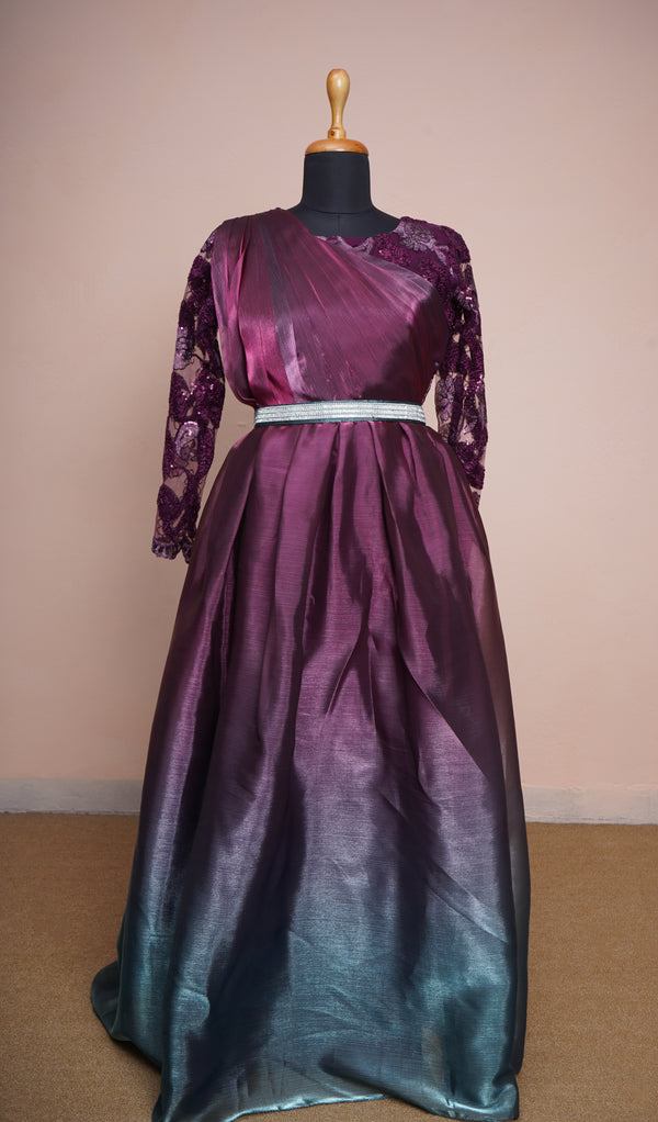 Dual Tone Chinon and Purple Fancy Embroidery net with Special Stone Belt Womens Reception Wear