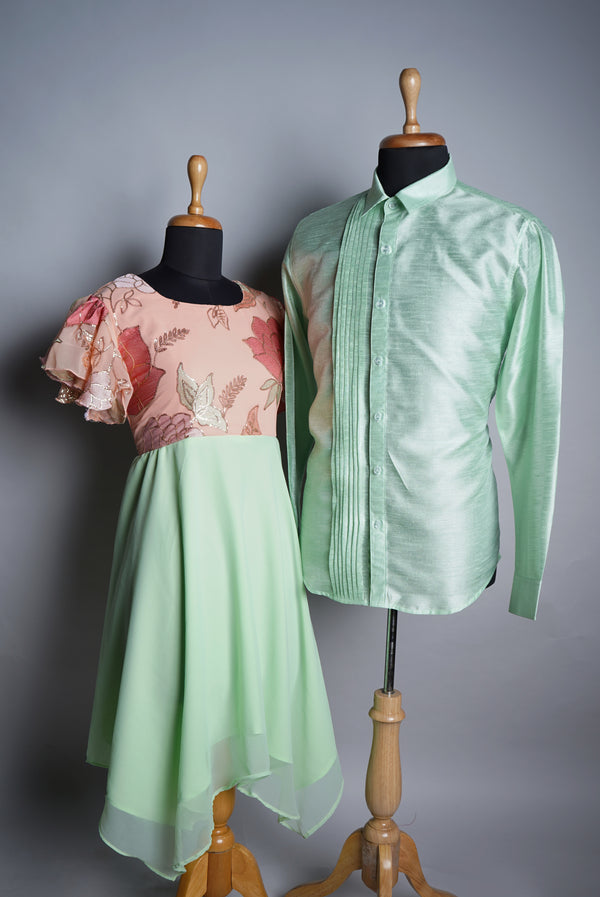 Aqua Green Rawsilk and Peach Embroidery Georgette Couple Clothing