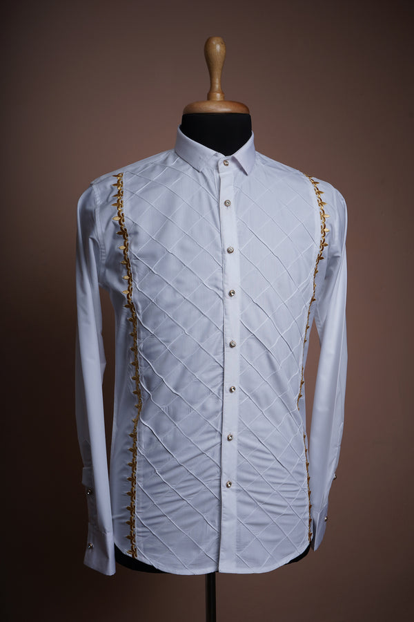 White Bridal Shirt with Special Embroidery work and Diamond Pleated Design Mens Shirt