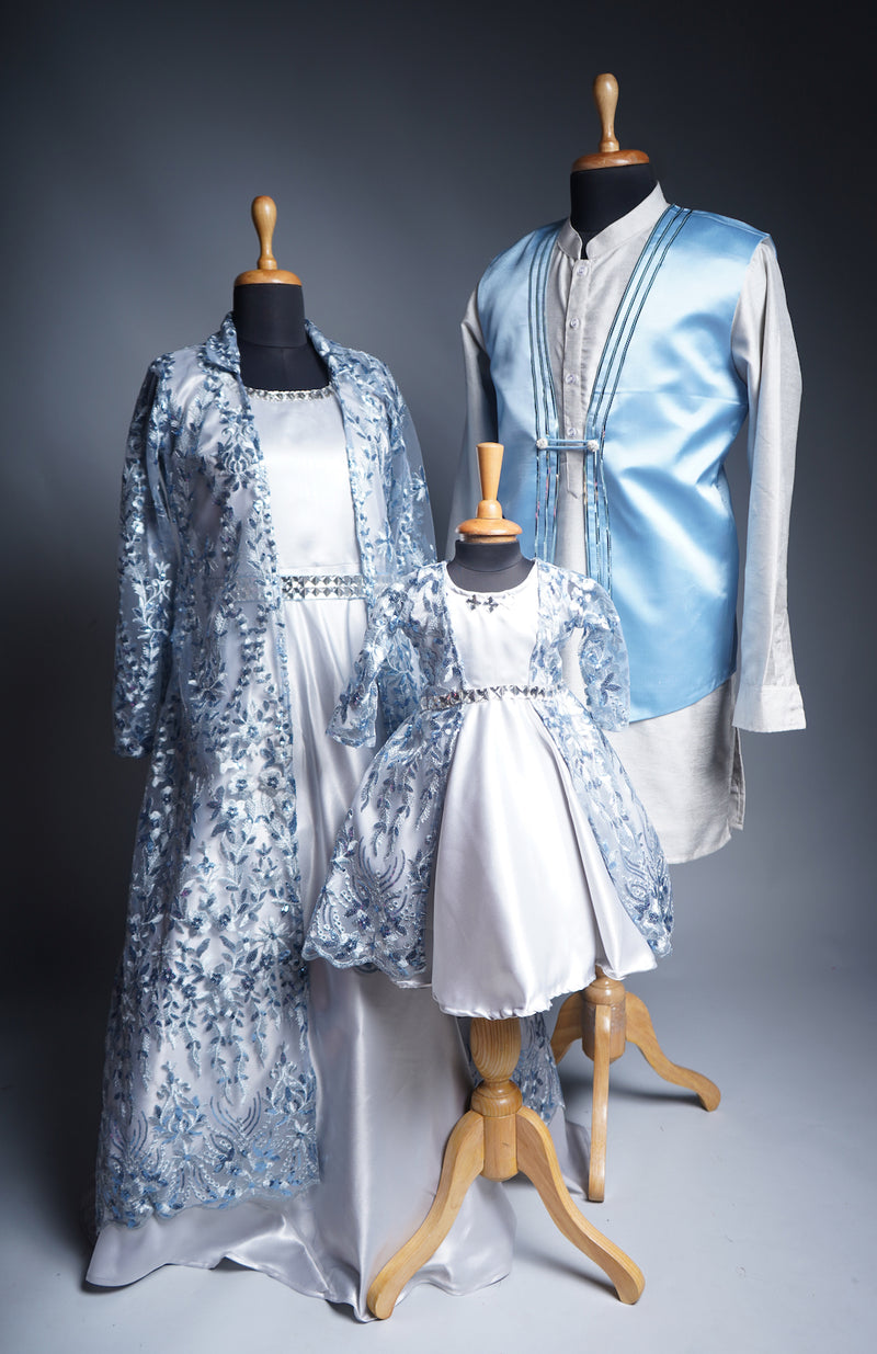 Steel Blue and Silver Rawsilk Men Suit and Silver Satin with Steel Blue Fancy Embroidered Net Family Clothing