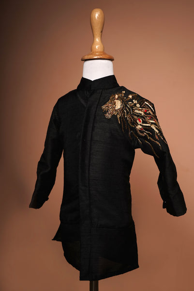 Black Rawsilk with Special Tiger Embroidery work in Boy kid Kurtha