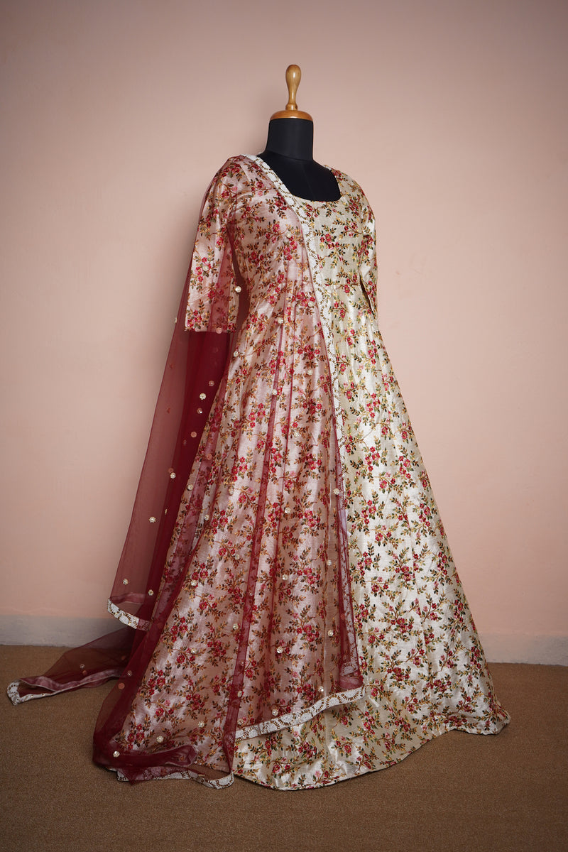 Half White and Red Floral Embroidery Grand Fabric with Plain Shawl Womens Traditional Wear