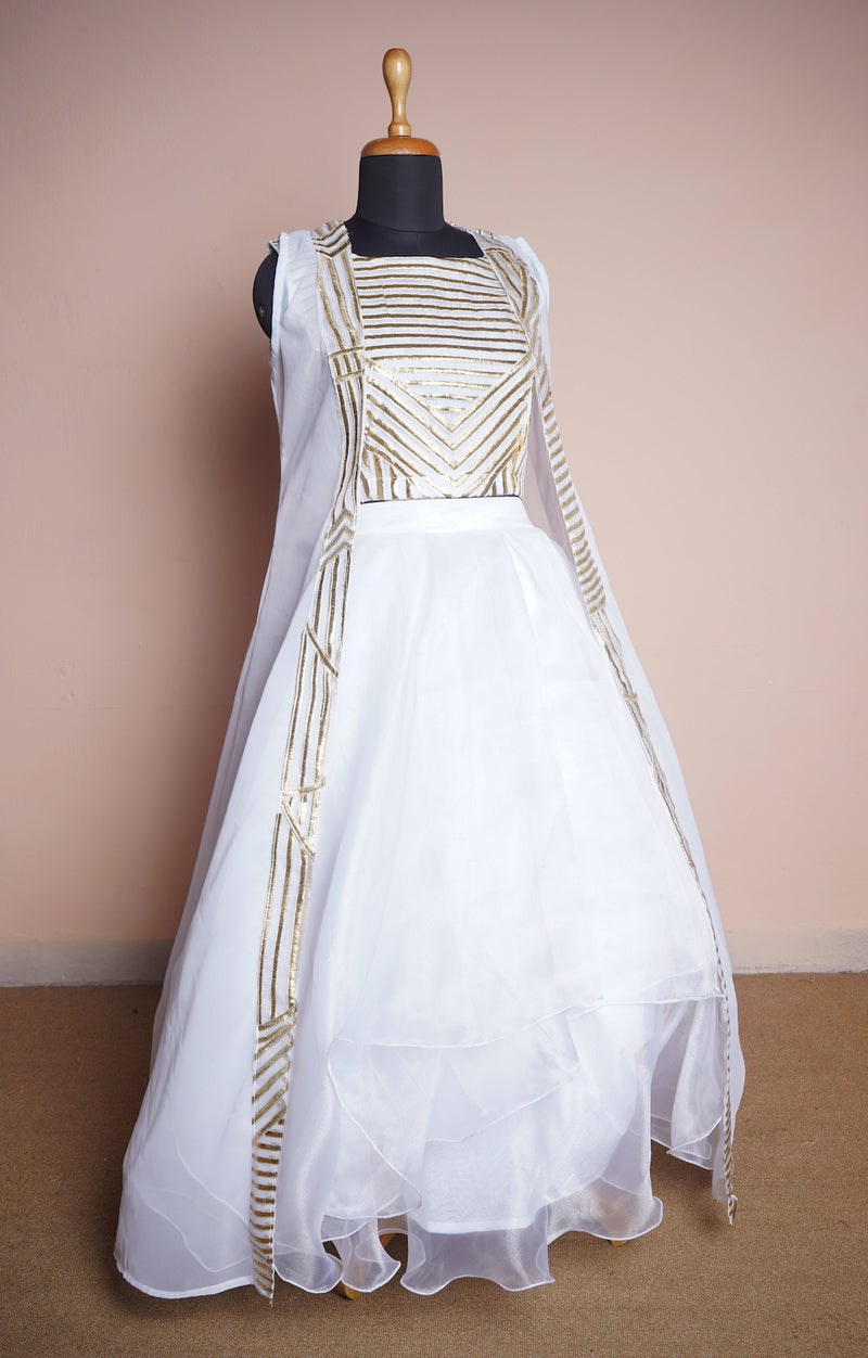 Gold Stripes Kali Fabric with Organza Womens Reception Dress