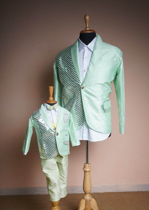Aqua Green Rawsilk and White Cotton with Speacial Embroidery work in Dad and Son Combo