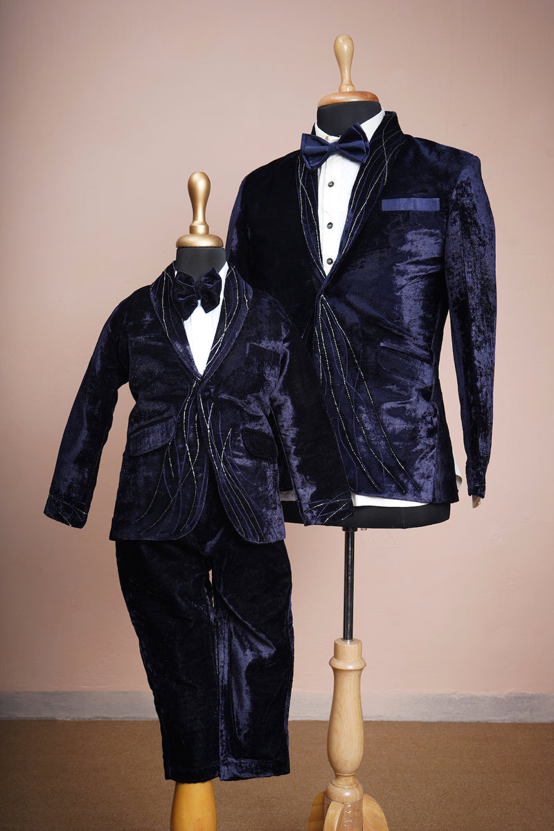 Navy Blue Velvet and White Cotton Shirt with Special Embroidery work in Dad and Son Combo