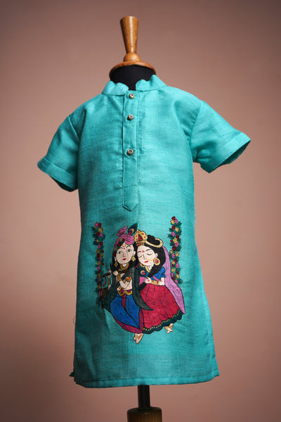 Aqua Green Rawsilk with Special Hand Painting Boy Kid Kurtha