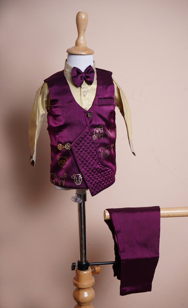 Purple Chinon and Gold Tissue with Special Diamond Embroiodery and Animal Vinayl Work in Boy kid First Birthday Suit