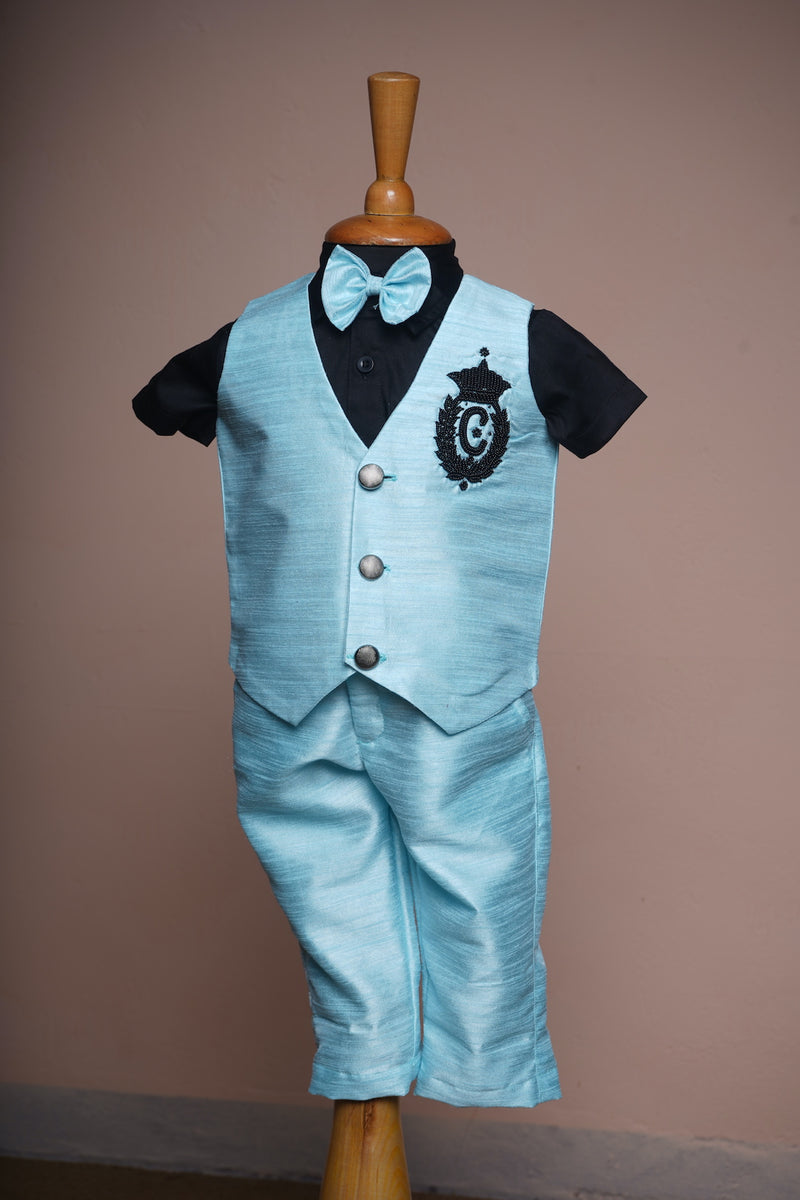 Light Blue Rawsilk and Black Carvette Shirt Boy Birthday Suit