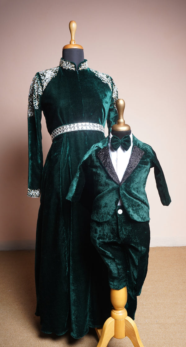 Bottle Green Velvet and Special Embroidery work with White Stone Belt in Mom and Son Combo