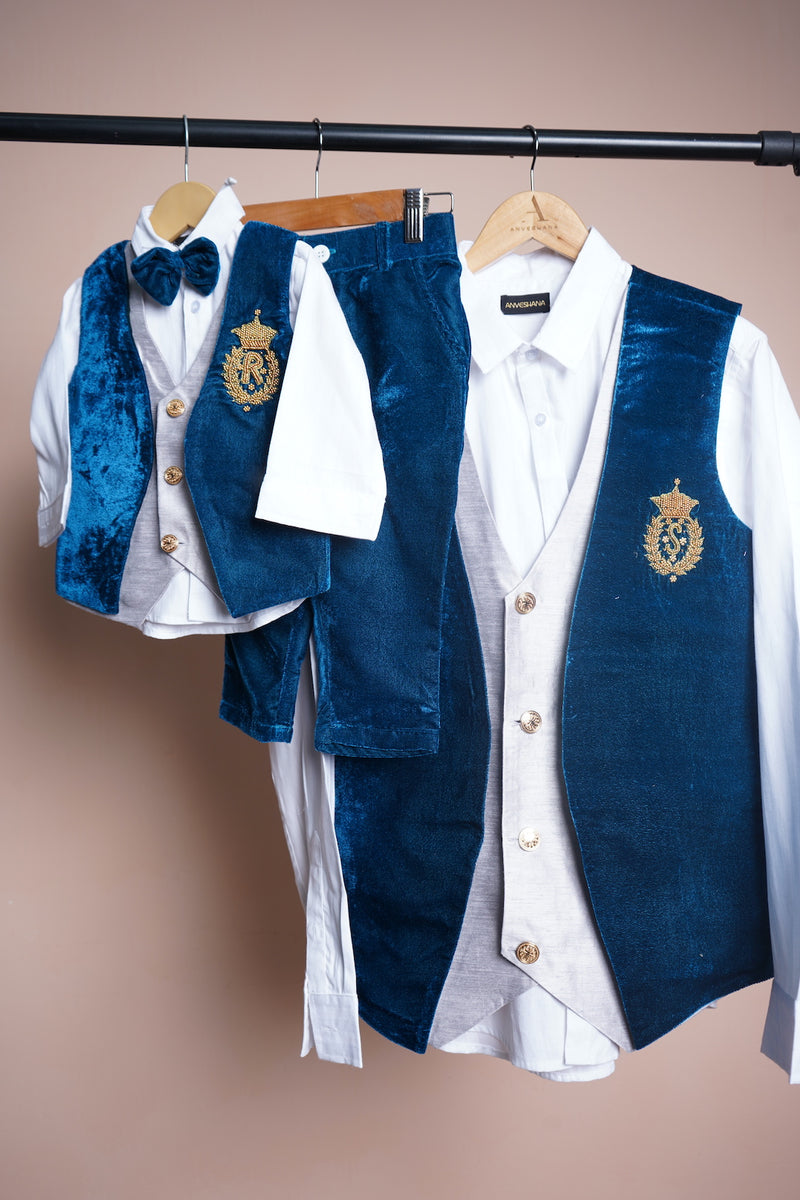 Ocean Blue Velvet and White cotton with Speacial Embroidery work in Dad and Son Combo