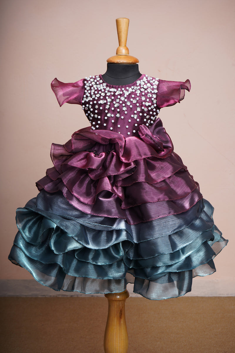 Dual Tone Chinon with Special Pearl Work in Girl kid First Birthday Wear