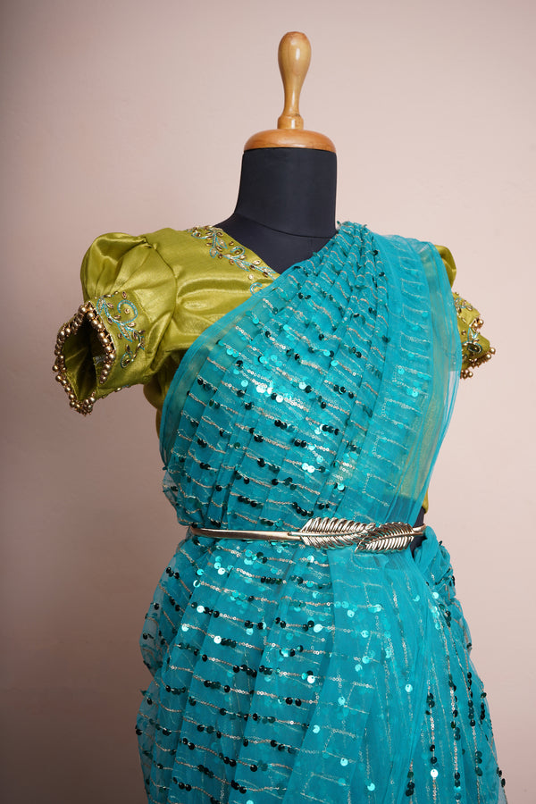 Peacock BlueSequin Embroidery net and Green Tissue with Special Embroidery work in Womens Receprion Wear