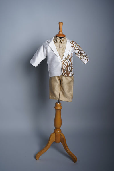 White and Sandal Rawsilk with Speacial embroidery work in Boy kid Birthday Dress