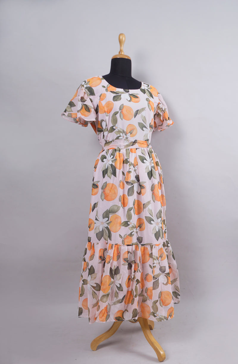 Orange Flower Printed Georgette Women Dress