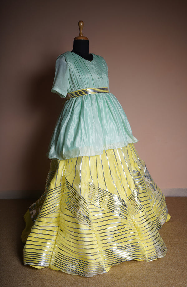 Aqua Green Chinon and Yellow Organza with Metal Stripes Work in Womens Reception Wear
