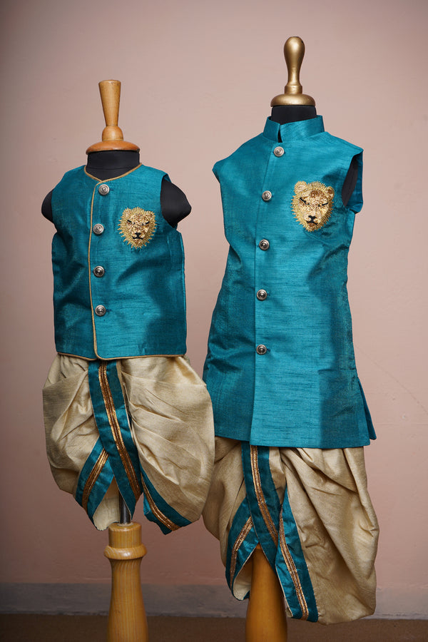 Peacock Blue and Gold Rawsilk with Special Lion Embroidery work in Siblings Combo