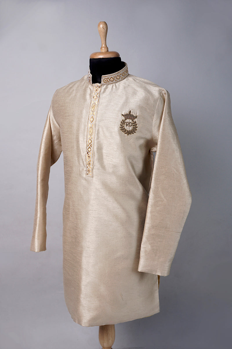 Light Gold Aari Worked Mens Kurta