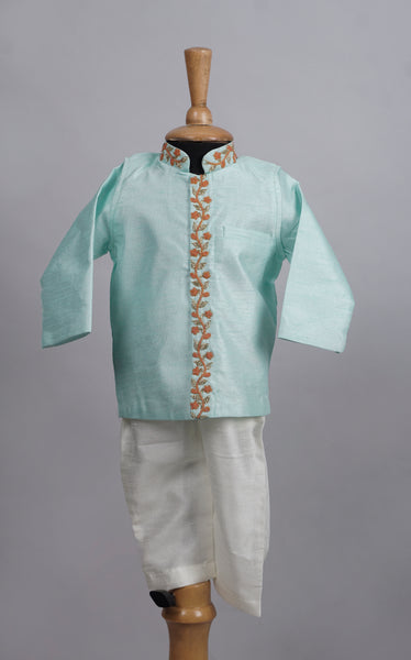 Light Aqua Green Orange Bead Worked Boy's Birthday Suits