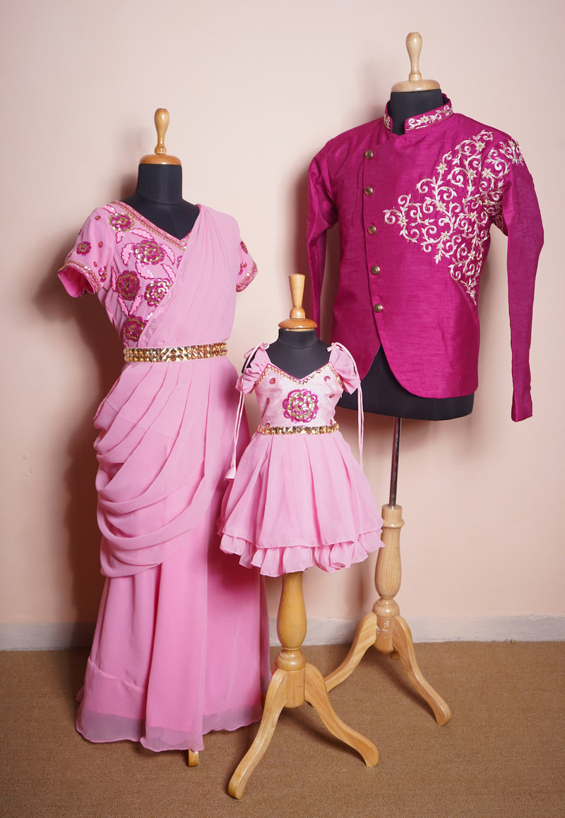 Dark Pink and Light Pink Rawsilk and Plain Georgette With Speacial Embroidery work in Family Clothing