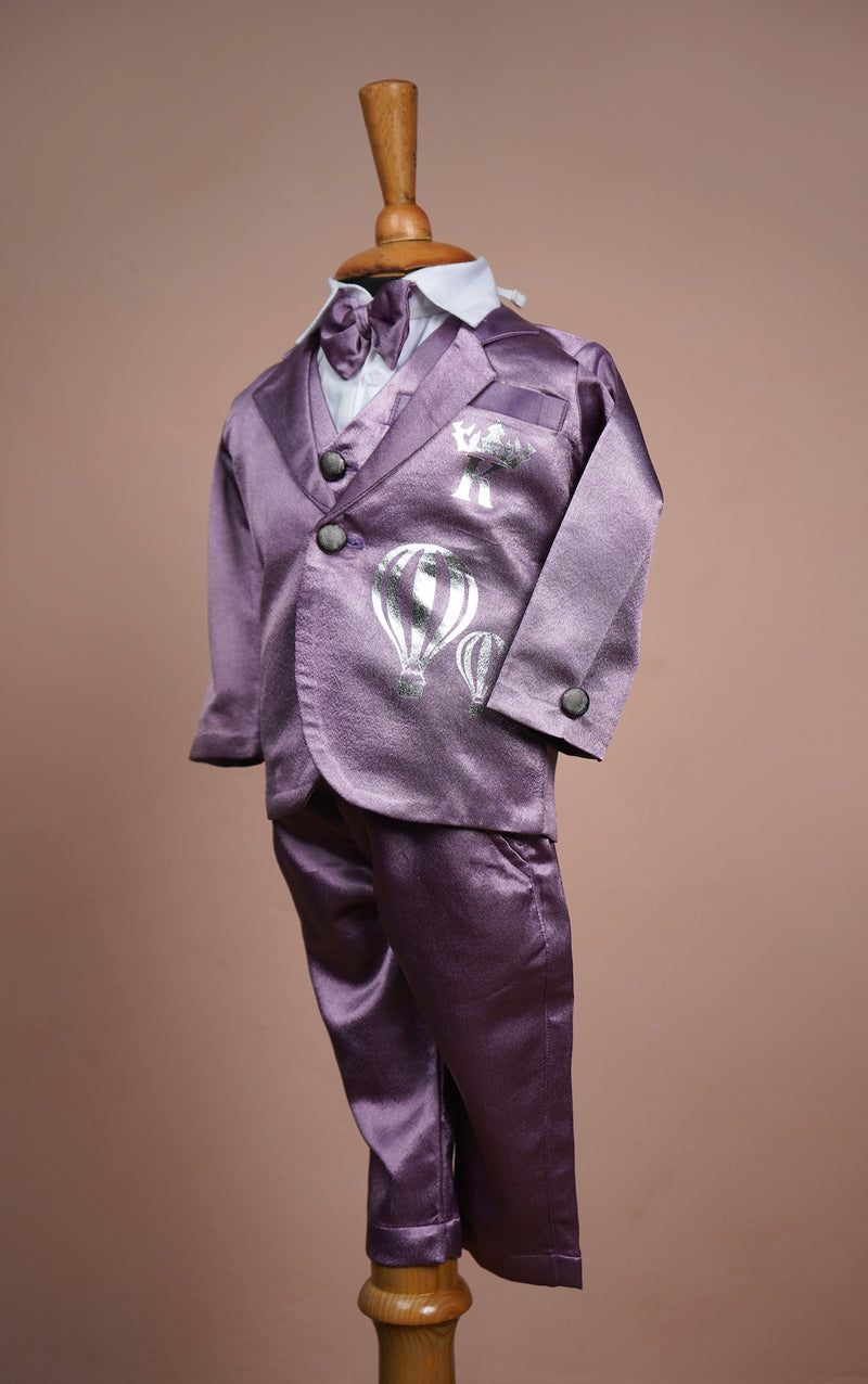 Lavender Satin and White Cotton with Special Foil work in Boy kid First Birthday Wear