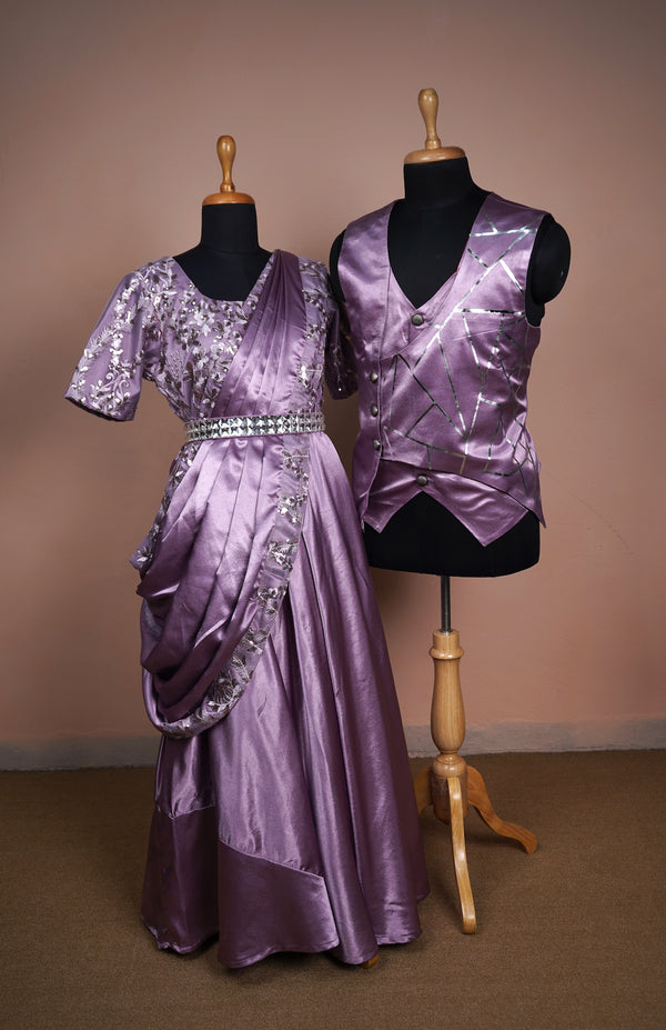 Lavender Satin and fancy embroidery net with Special Foil work in Couple Clothing
