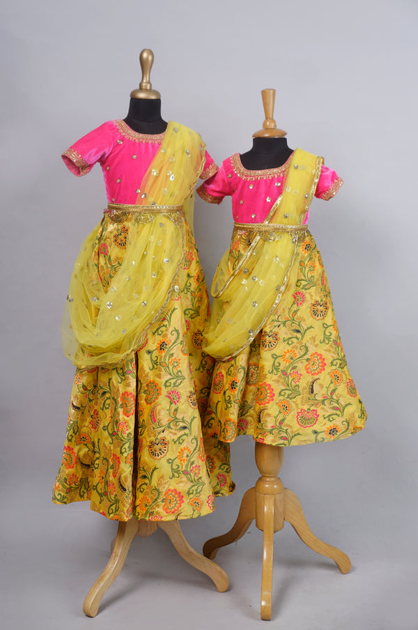 Pink with Yellow Grand Aari Embroidery Sibling Combo Matching Set