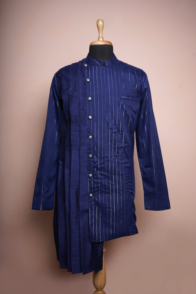 Blue Lurex and Palin Rawsilk with Special Pleated work Mens Kurtha