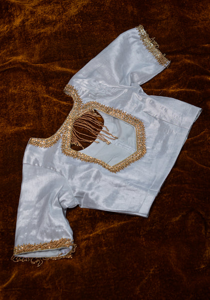 Silver silk with Grand Aari Worked Women Blouse